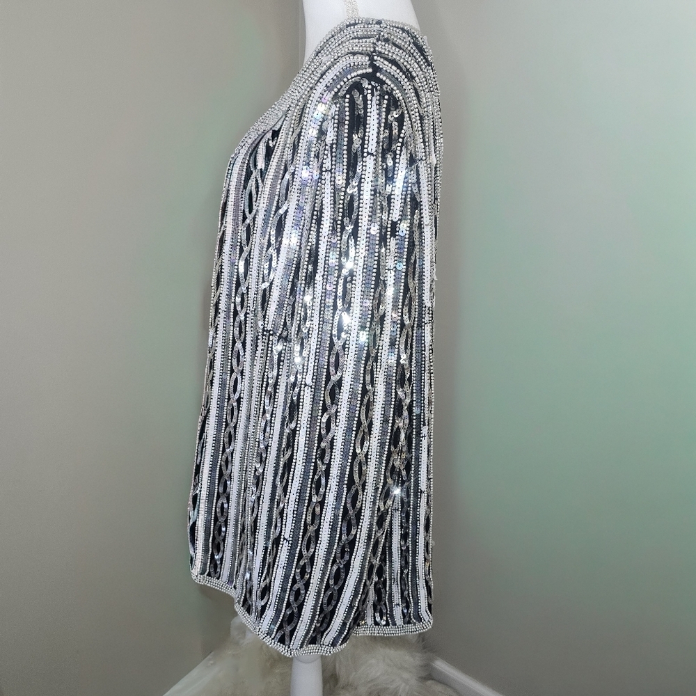 Papell Boutique Vintage 80s Black & Silver Beaded Sequin Silk Evening Jacket - Picture 7 of 13
